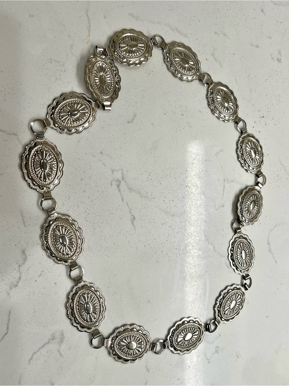 Concho Silver Chain Belt Medallion Circle Mod Casual Dress Metal Boho Large 36”